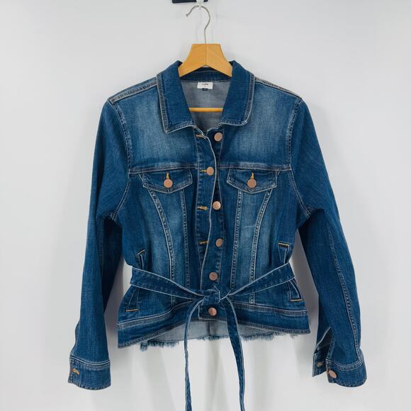 Cabi Dylan Belted Denim Jean Jacket Raw Hem Fitted Button Front Blue Size L - Picture 2 of 8